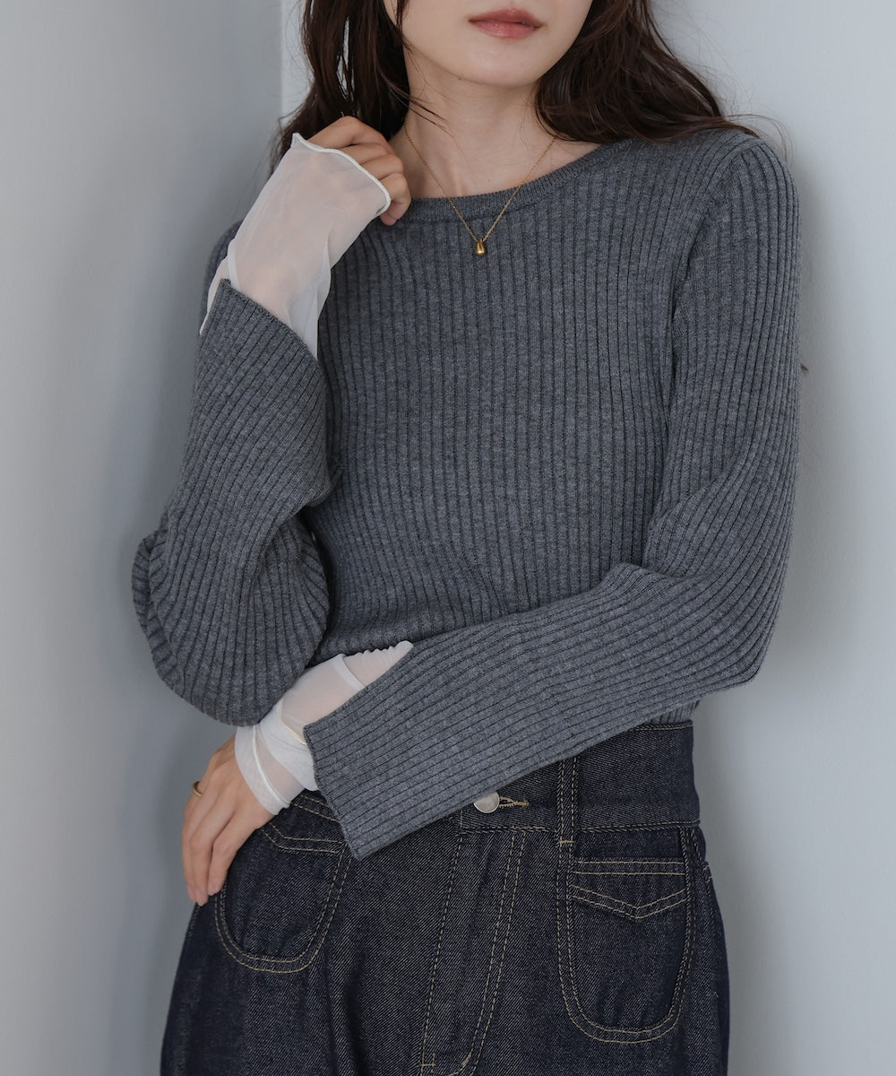 （選べるネック）チュールレイヤードリブニット
