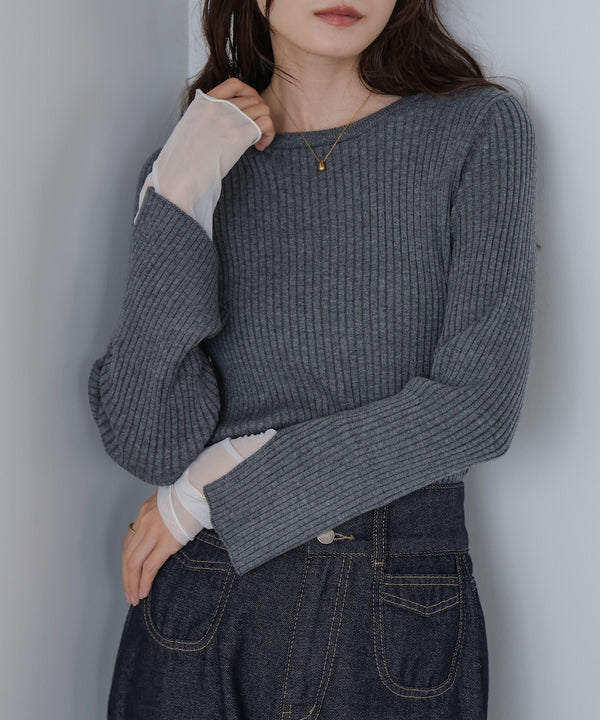 （選べるネック）チュールレイヤードリブニット
