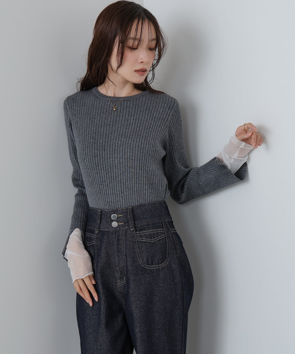 （選べるネック）チュールレイヤードリブニット