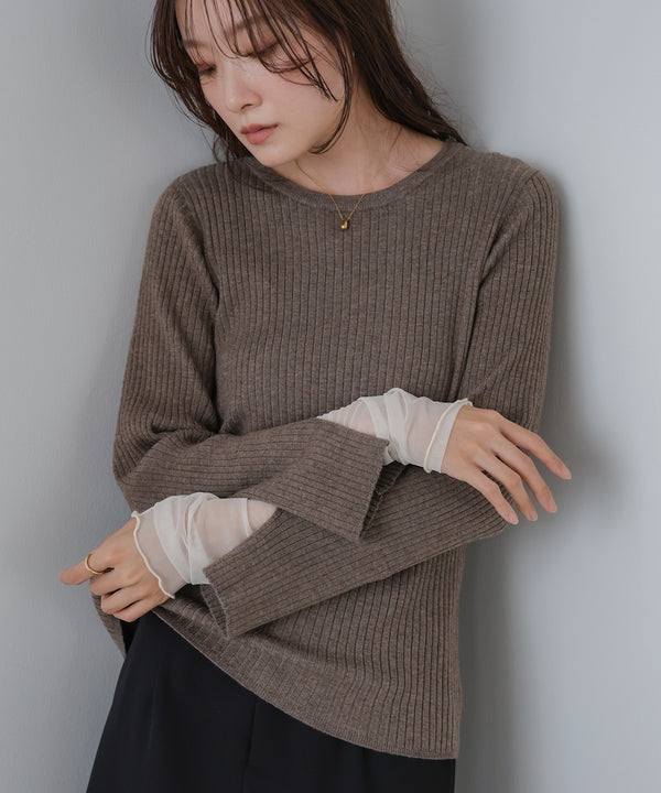 （選べるネック）チュールレイヤードリブニット