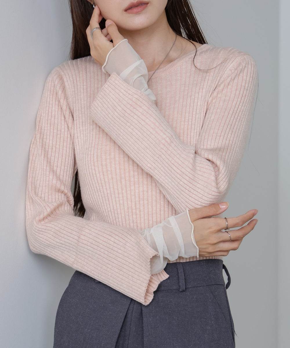 （選べるネック）チュールレイヤードリブニット