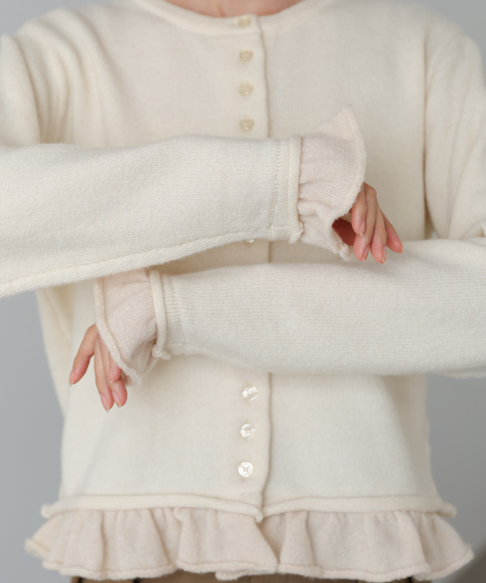 配色フリルニットカーディガン