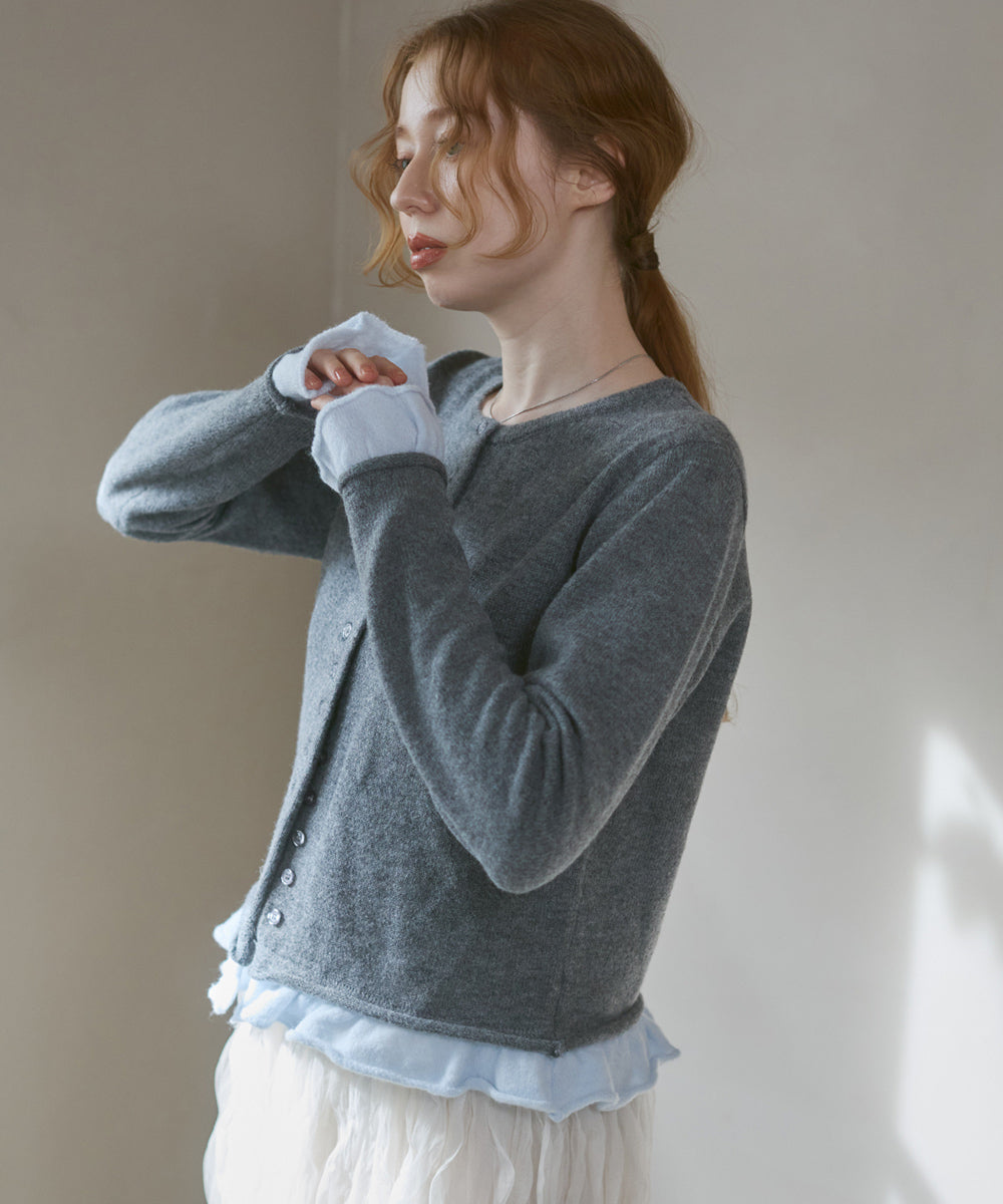 配色フリルニットカーディガン