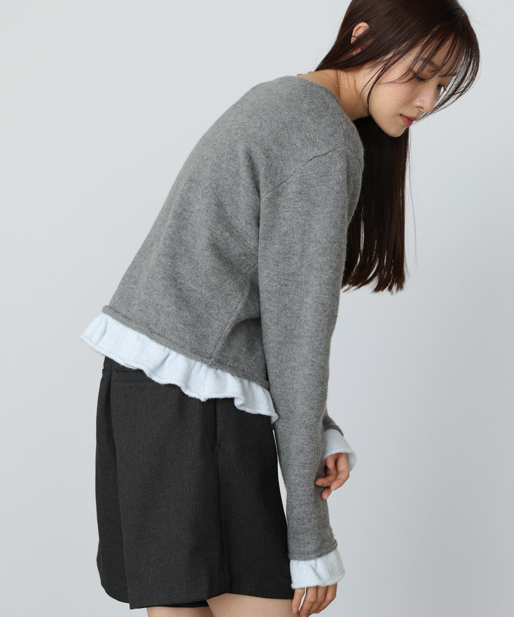 配色フリルニットカーディガン