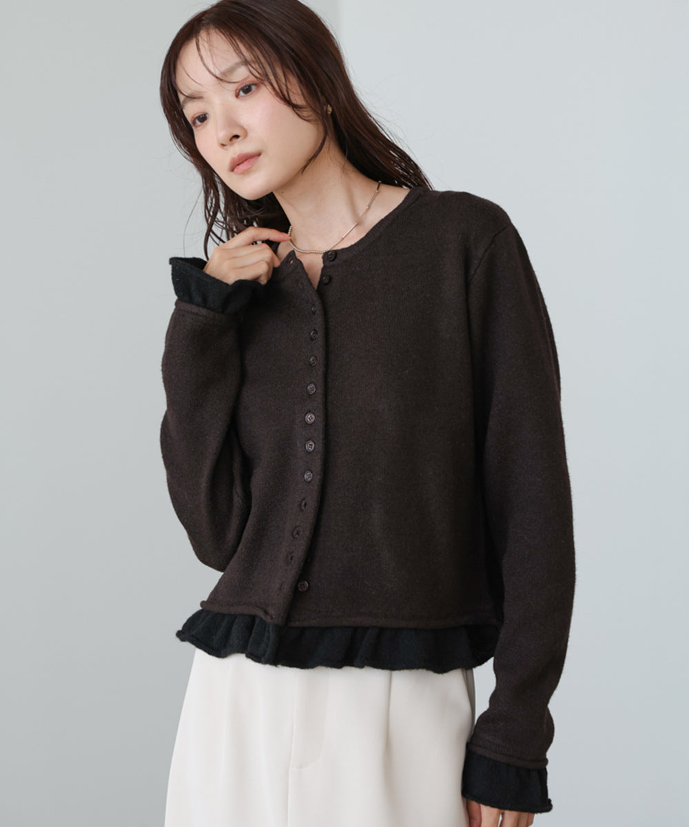 配色フリルニットカーディガン