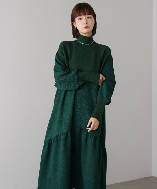 膨れジャガード異素材ニットワンピース