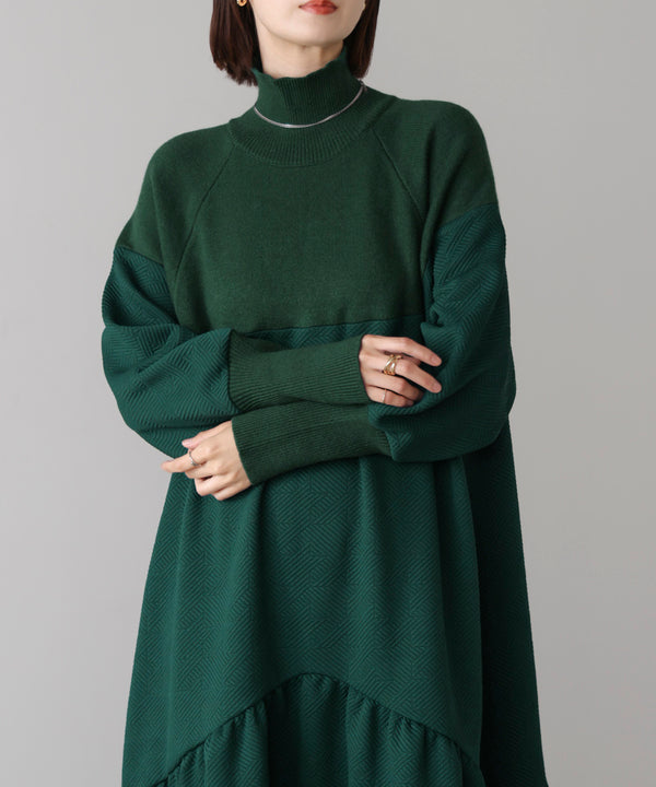 膨れジャガード異素材ニットワンピース
