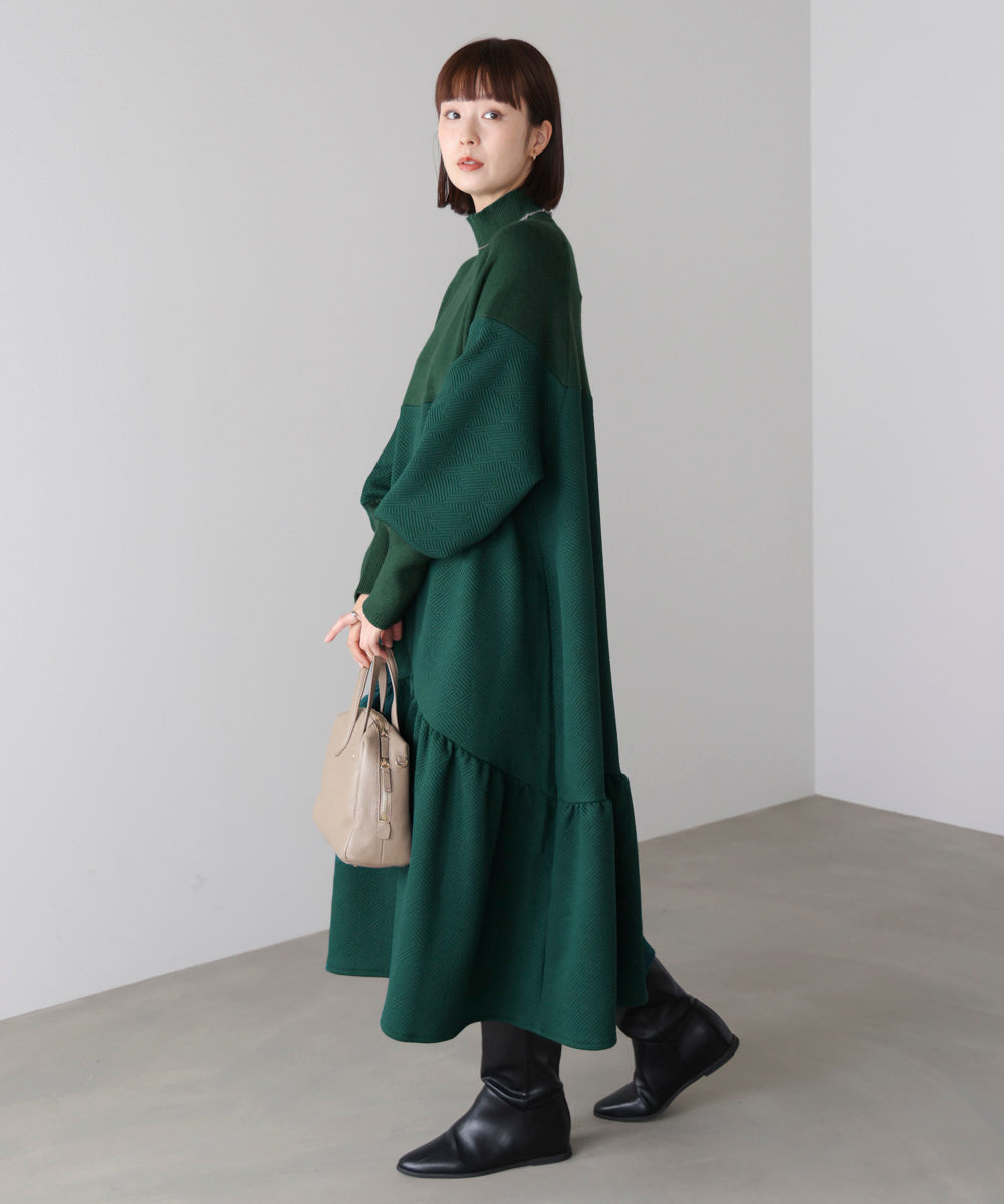 膨れジャガード異素材ニットワンピース