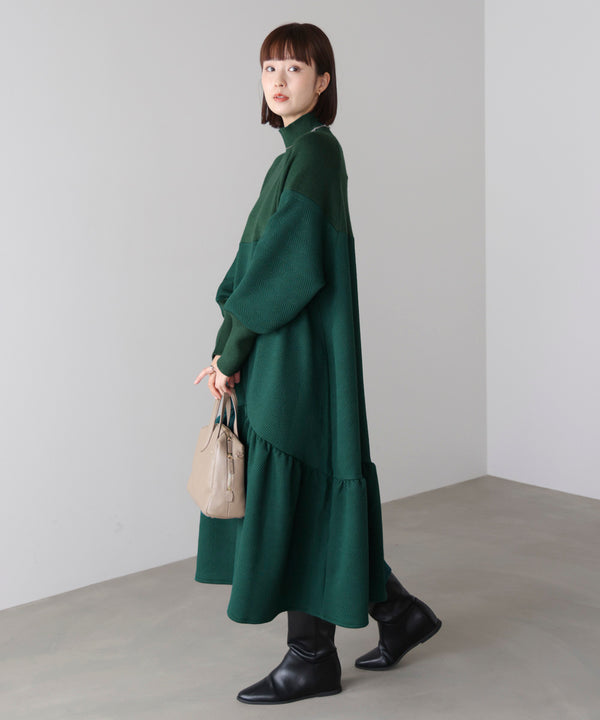 膨れジャガード異素材ニットワンピース