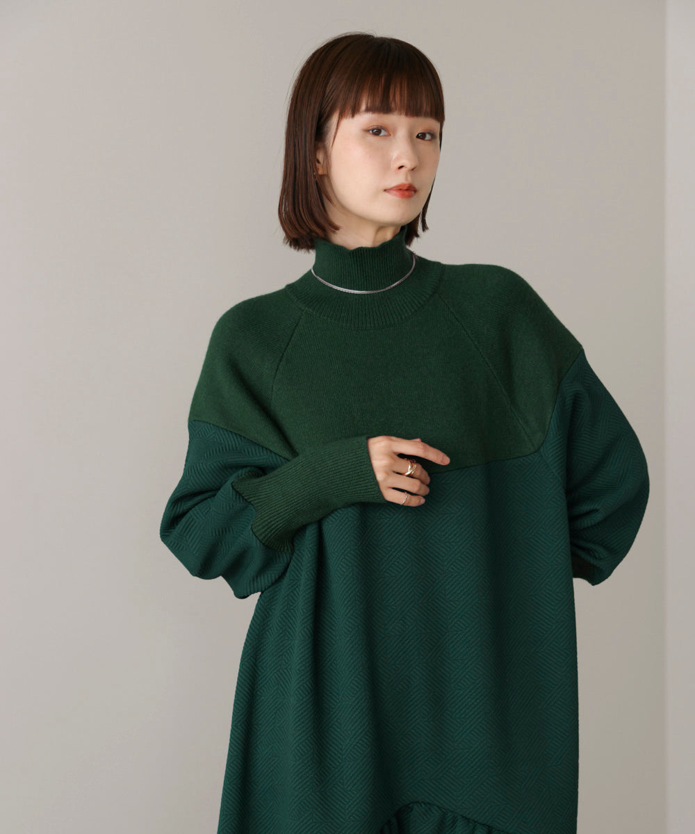 膨れジャガード異素材ニットワンピース