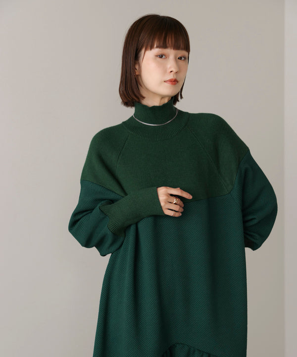 膨れジャガード異素材ニットワンピース