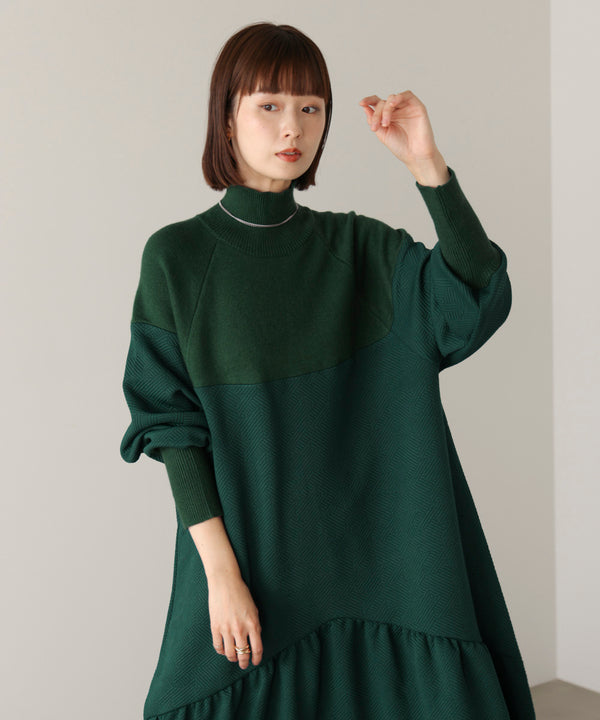 膨れジャガード異素材ニットワンピース