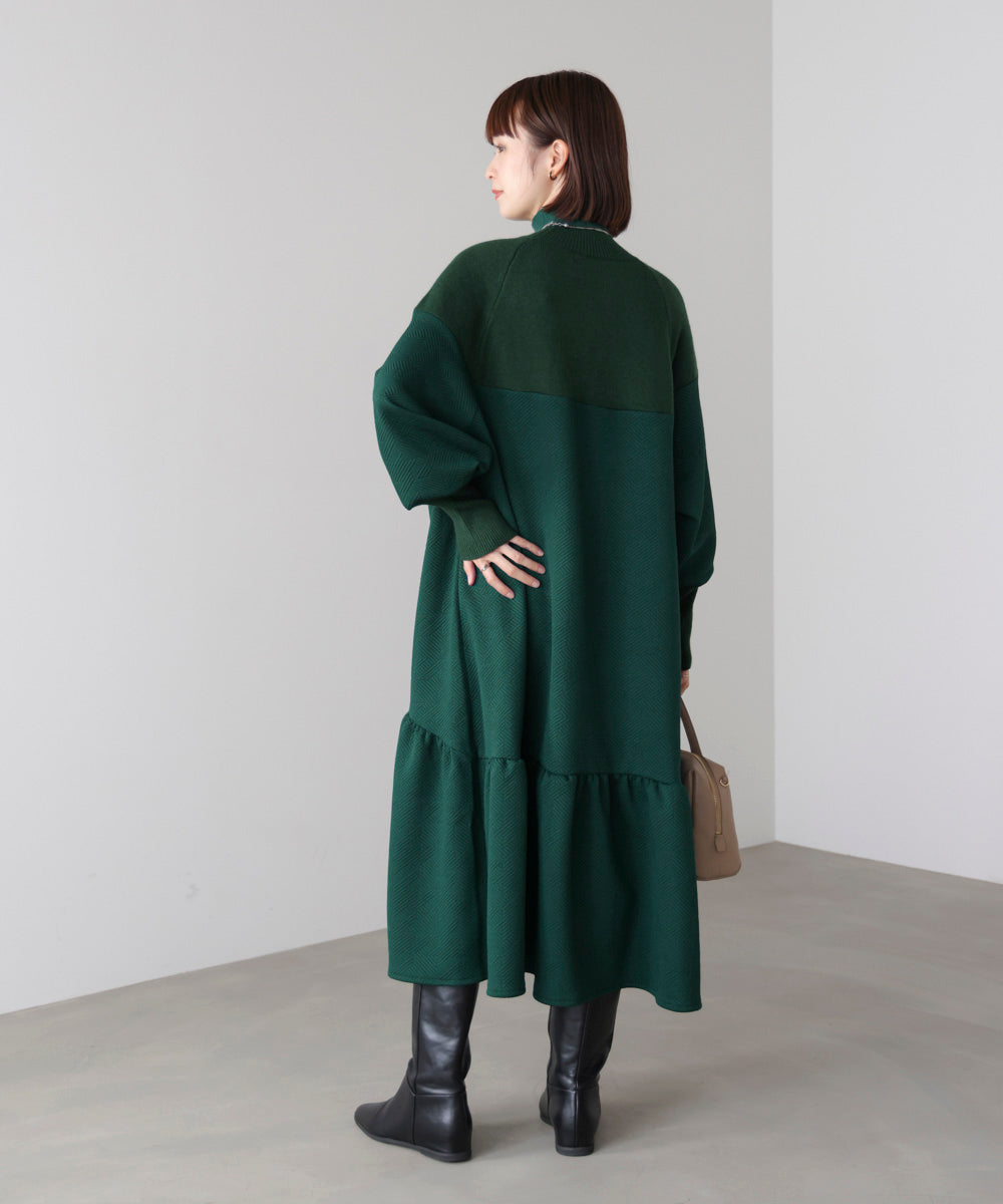 膨れジャガード異素材ニットワンピース