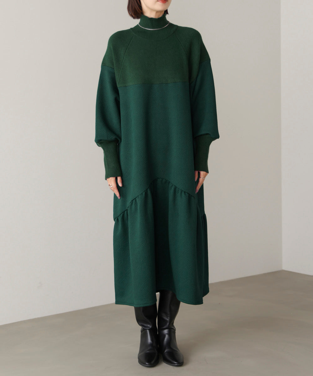膨れジャガード異素材ニットワンピース