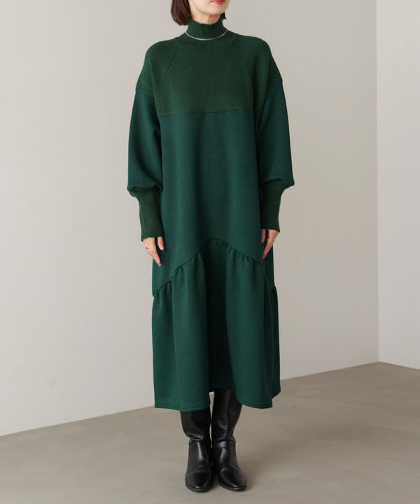 膨れジャガード異素材ニットワンピース