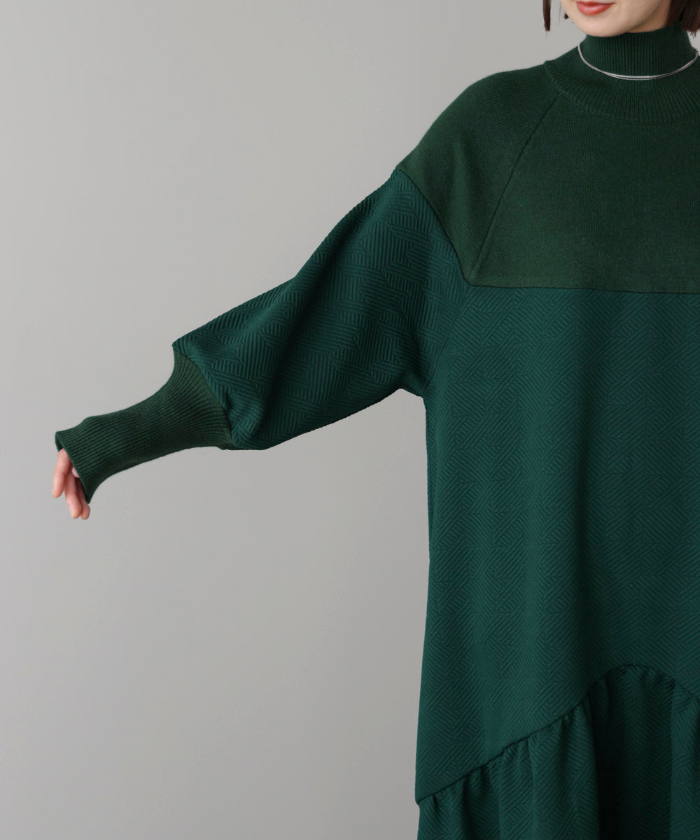 膨れジャガード異素材ニットワンピース