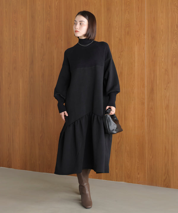 膨れジャガード異素材ニットワンピース