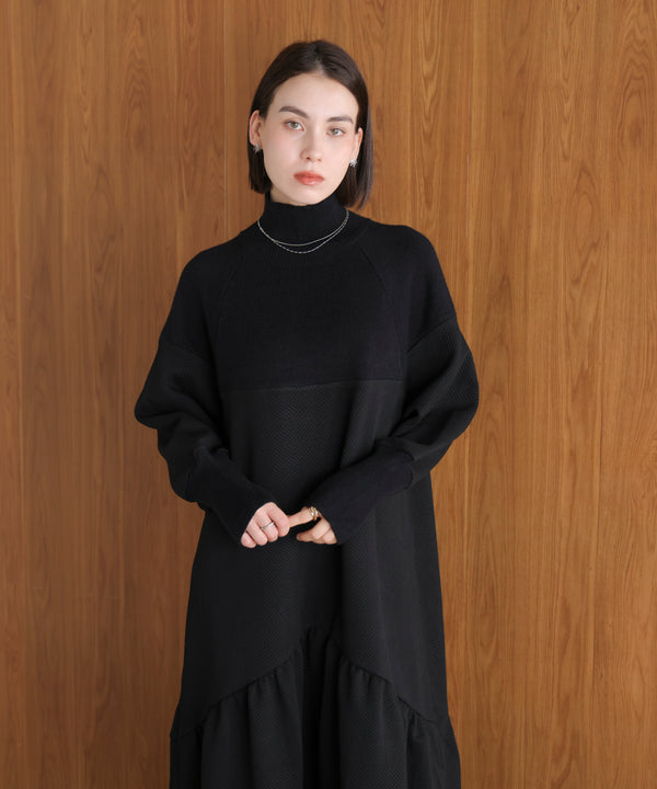 膨れジャガード異素材ニットワンピース