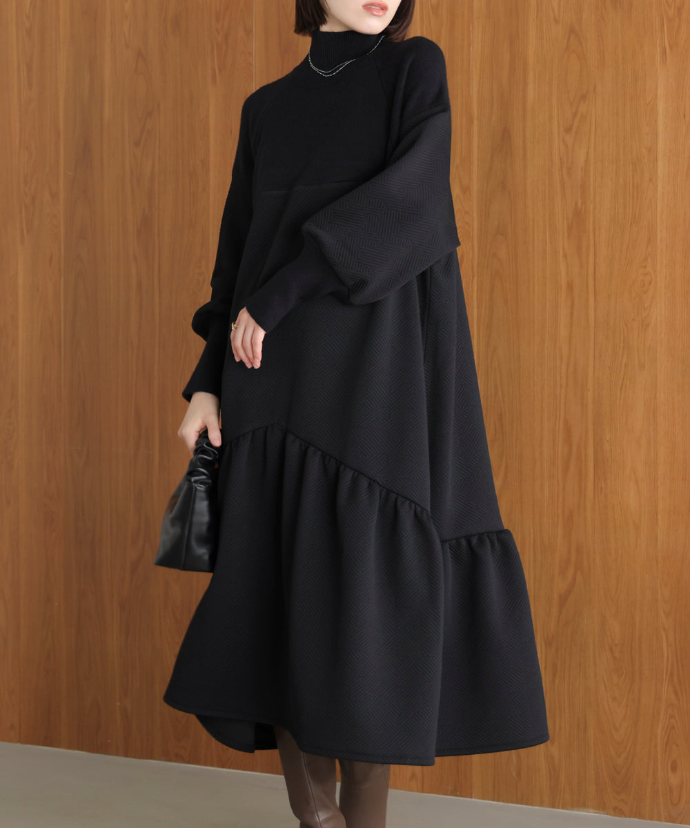 膨れジャガード異素材ニットワンピース