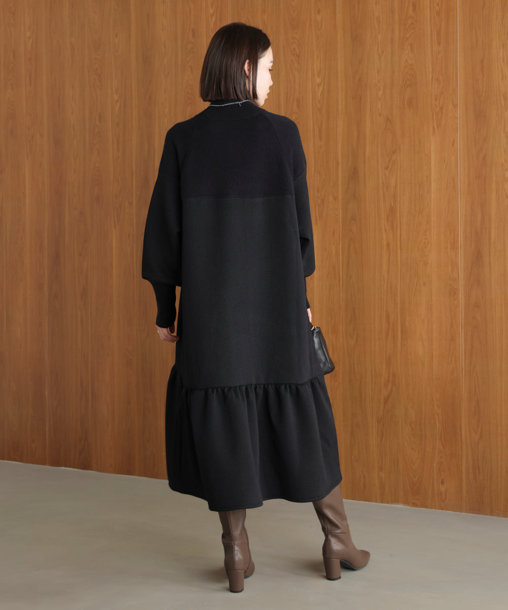 膨れジャガード異素材ニットワンピース