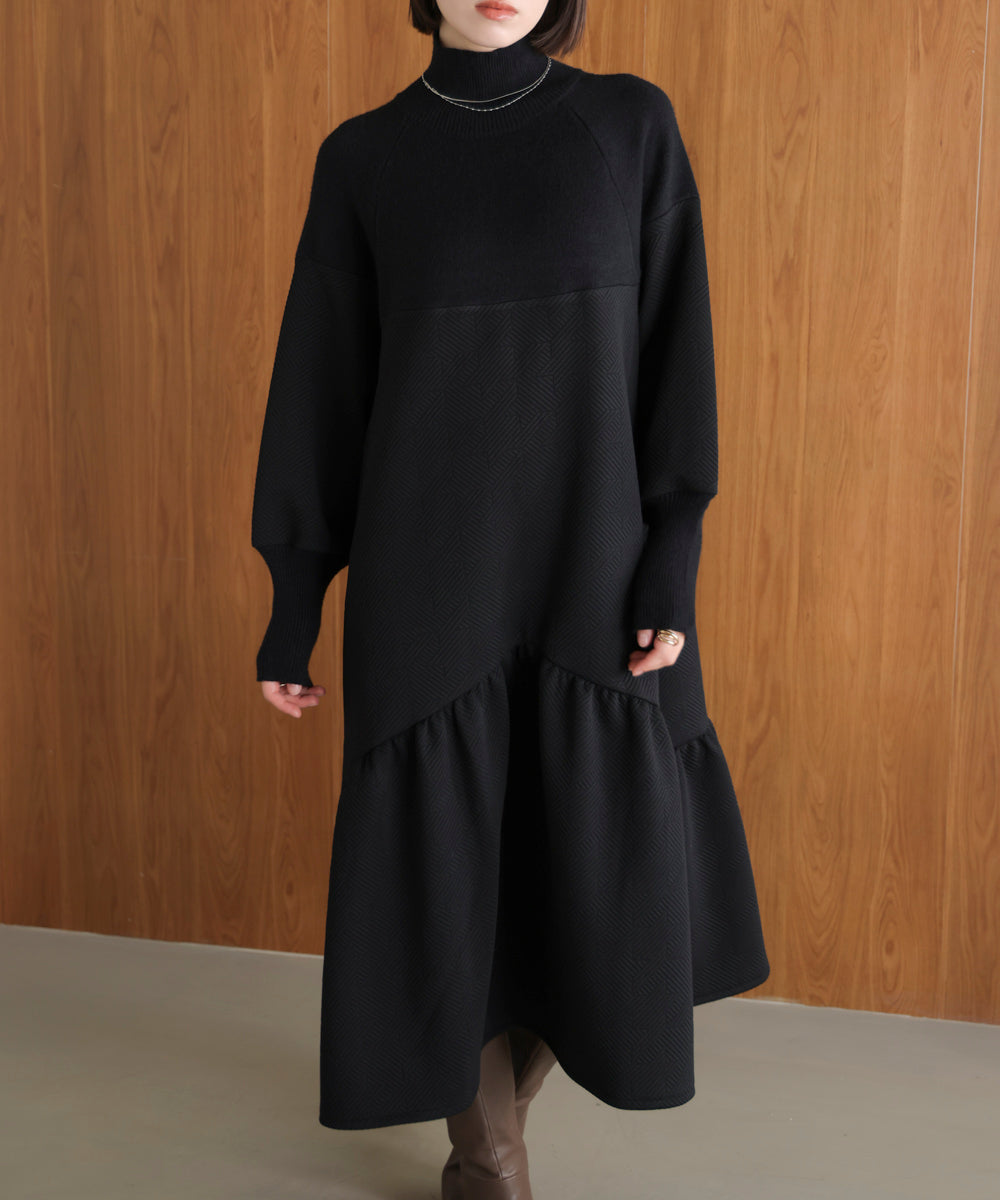 膨れジャガード異素材ニットワンピース