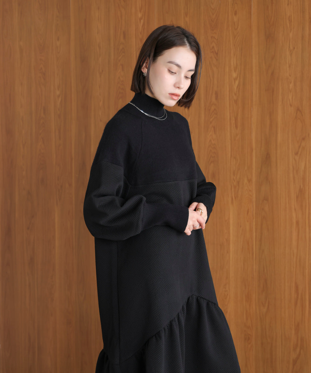 膨れジャガード異素材ニットワンピース