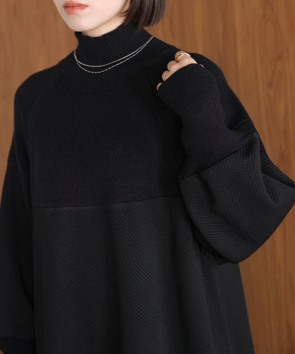 膨れジャガード異素材ニットワンピース