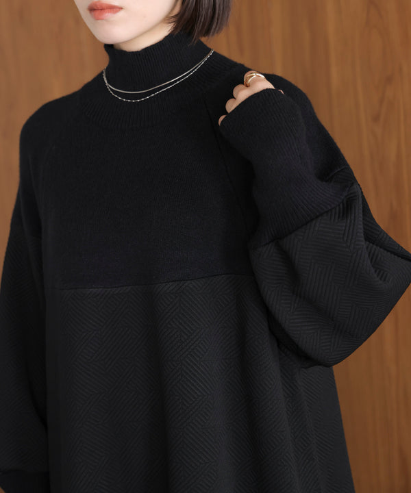 膨れジャガード異素材ニットワンピース