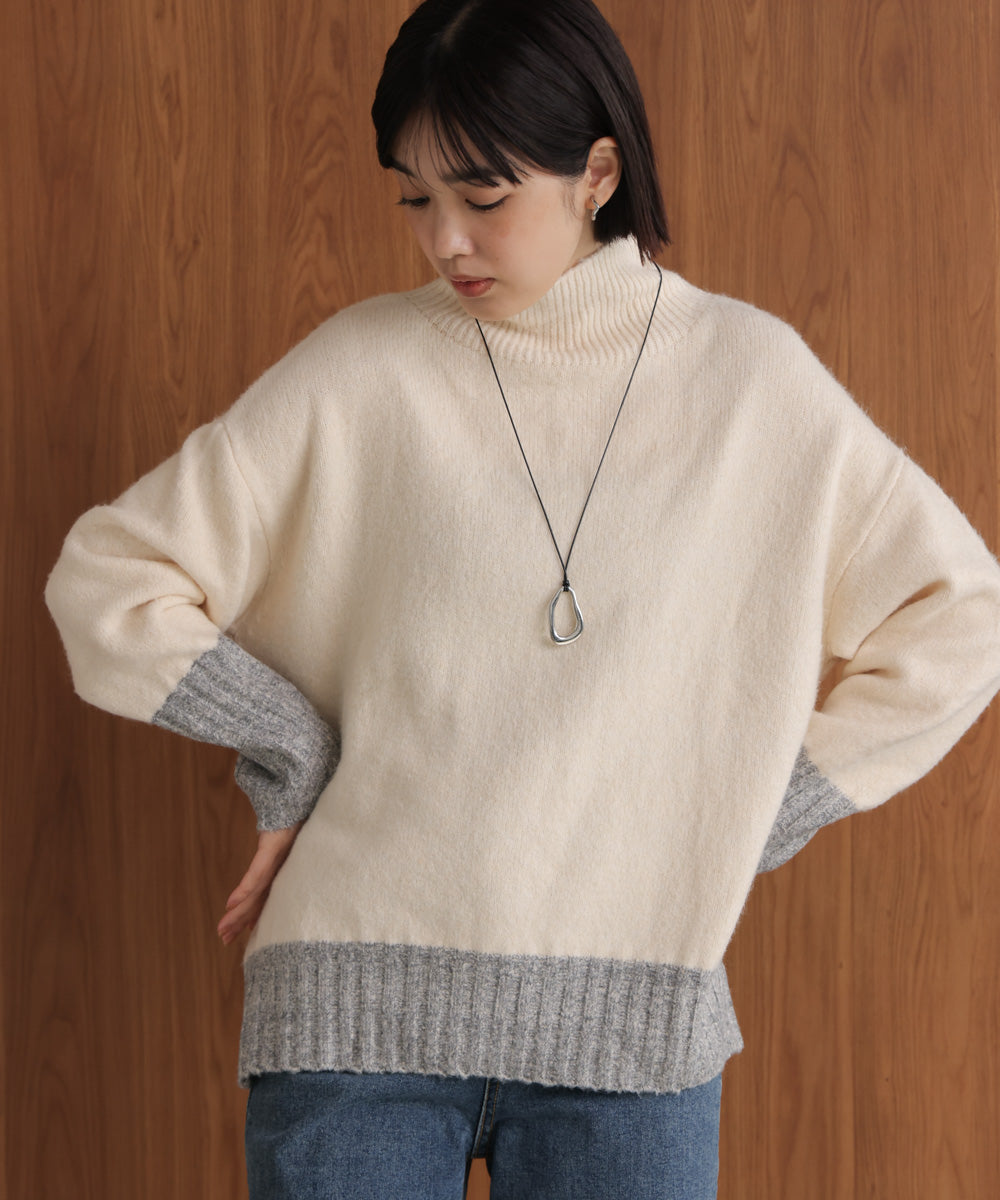 夕日 MIX配色ストレッチニットプルオーバー