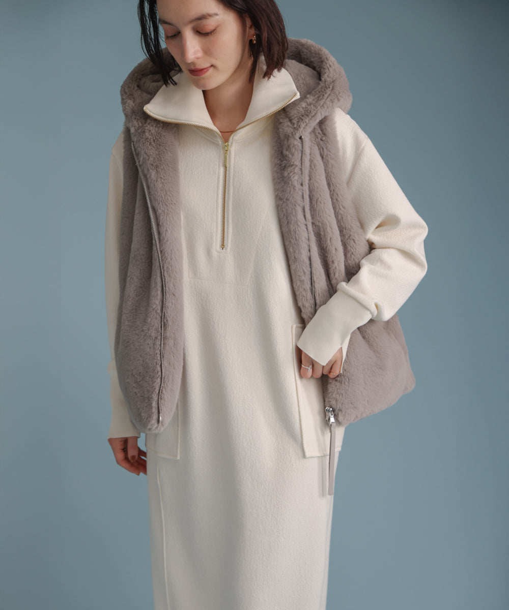 ウールライクメルトンハーフジップワンピース