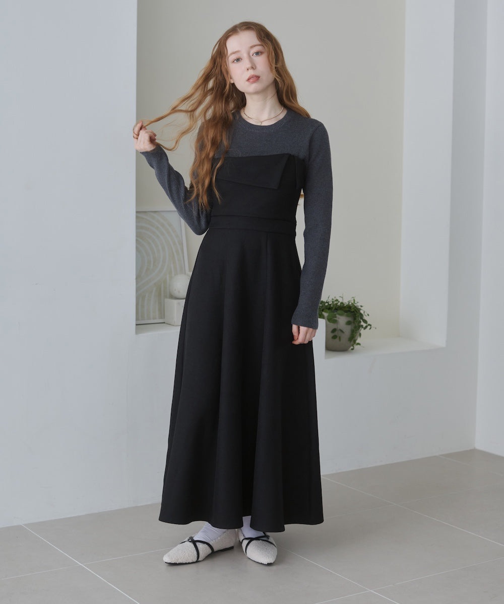 【選べるネック】レイヤード風ドッキングニットワンピ