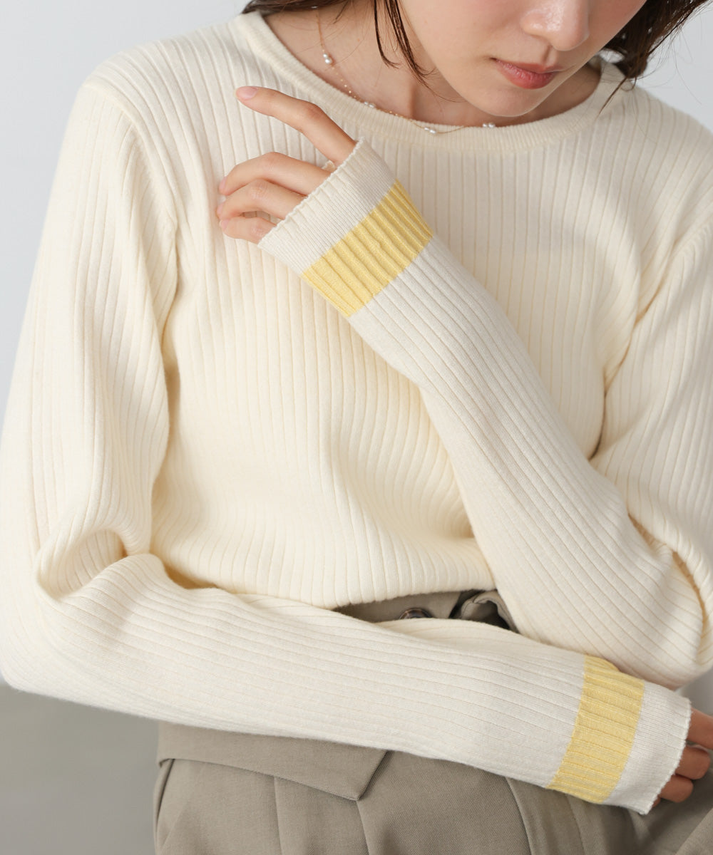 袖配色クルーネックリブニットトップス