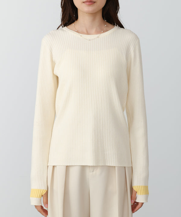 袖配色クルーネックリブニットトップス