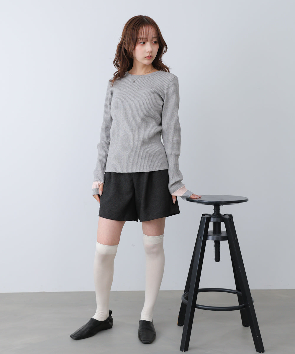 袖配色クルーネックリブニットトップス