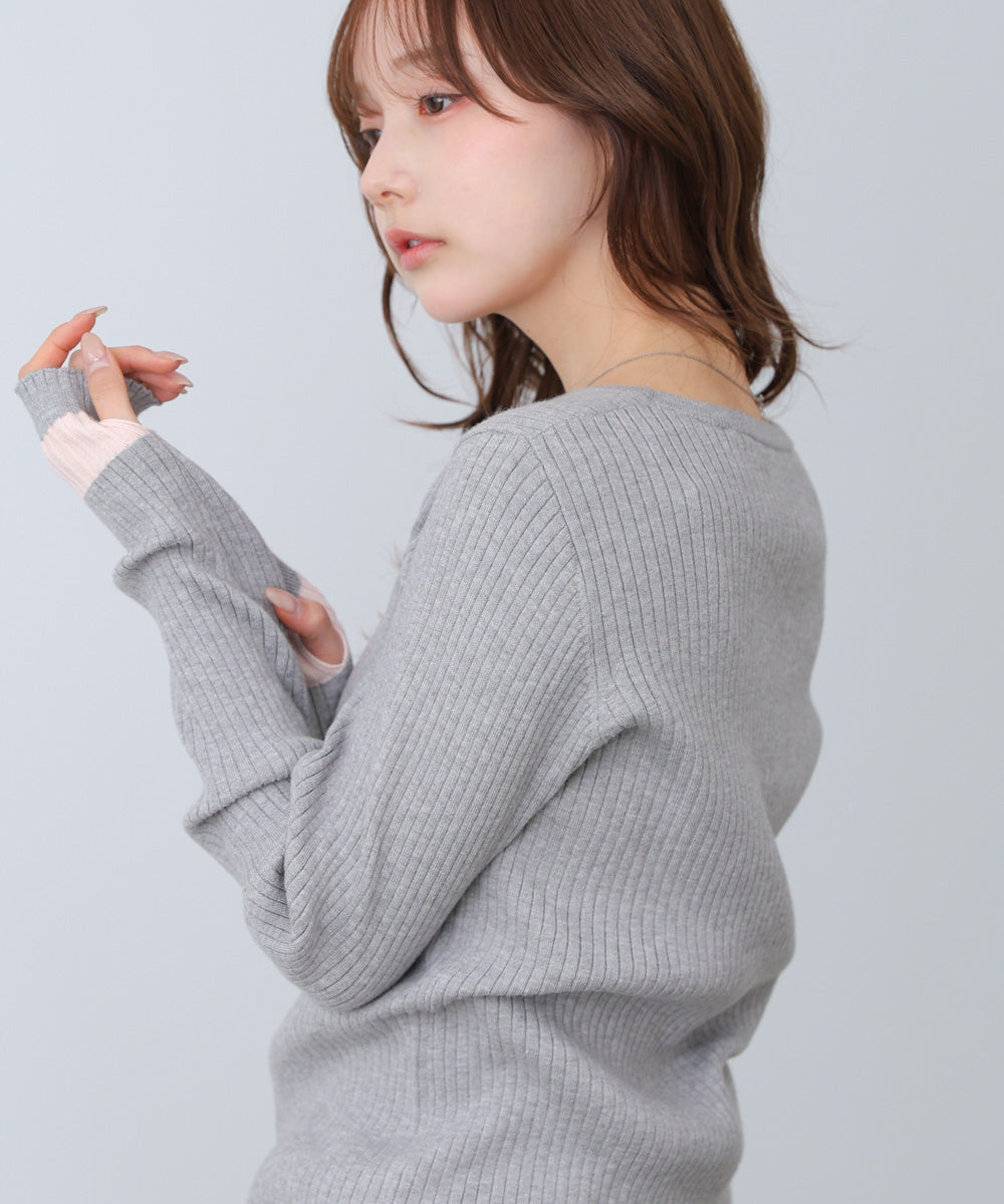 袖配色クルーネックリブニットトップス