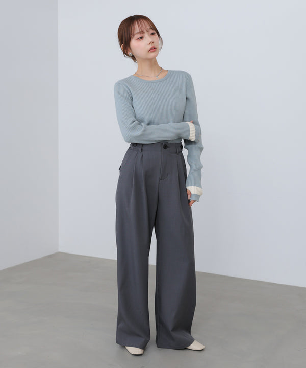 袖配色クルーネックリブニットトップス