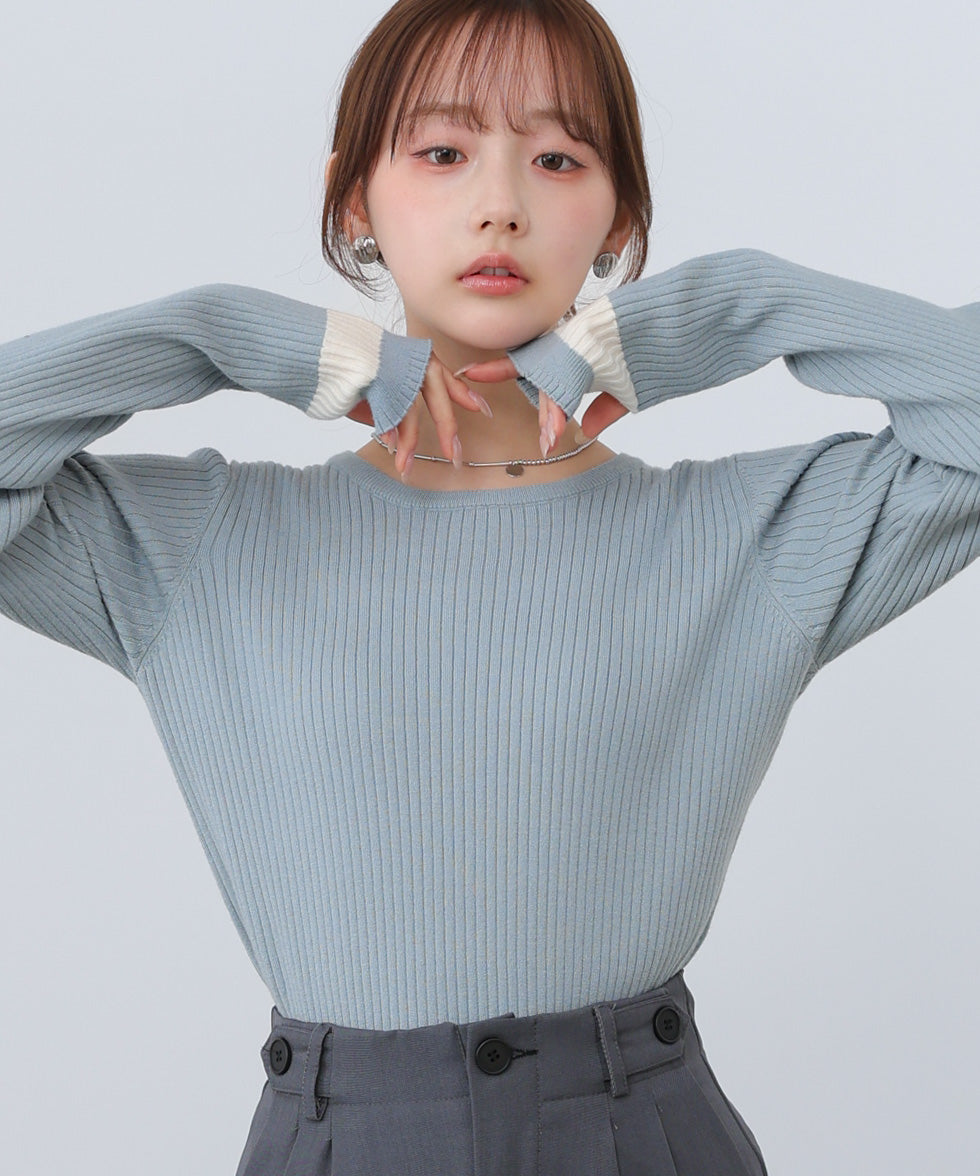 袖配色クルーネックリブニットトップス