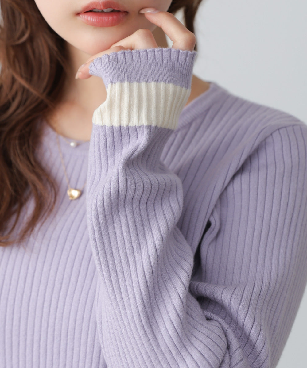 袖配色クルーネックリブニットトップス