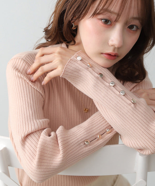 袖ボタンハイネックリブニットトップス