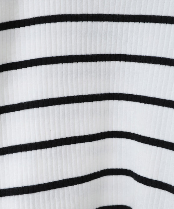 袖ボタンハイネックリブニットトップス