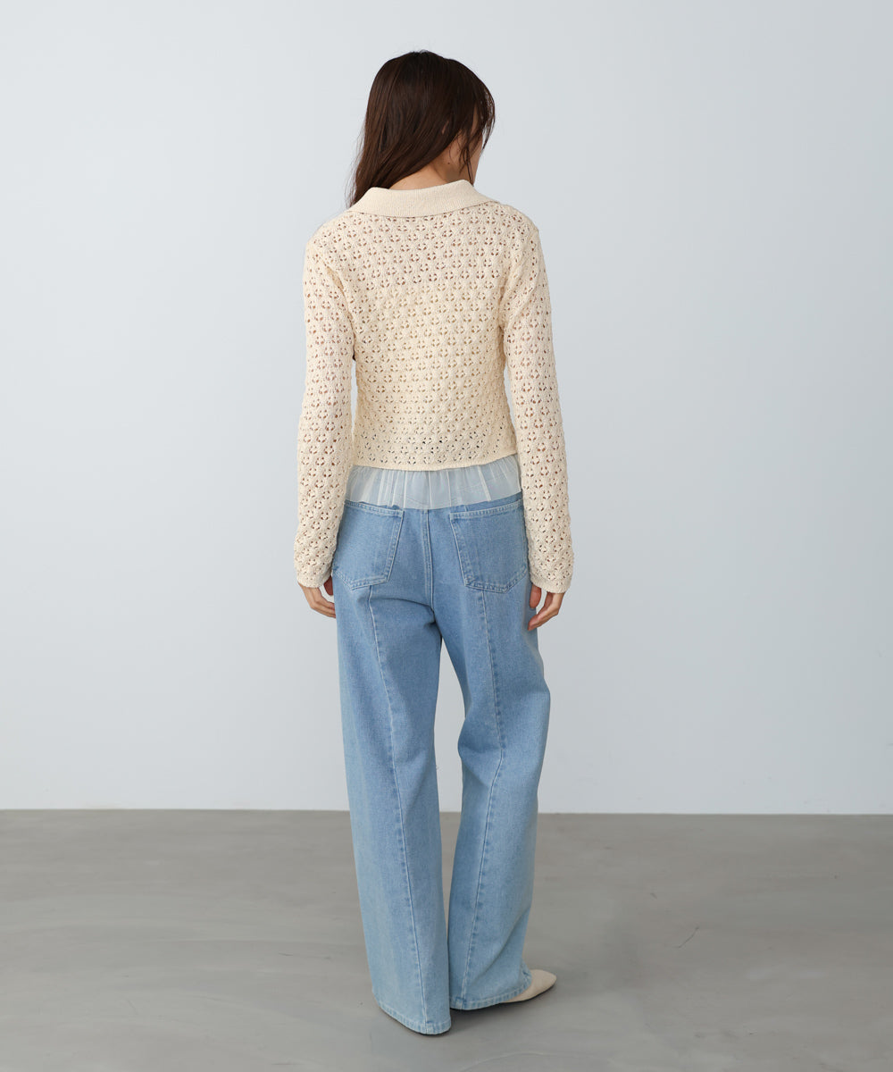 透かし編み裾チュールカーディガン