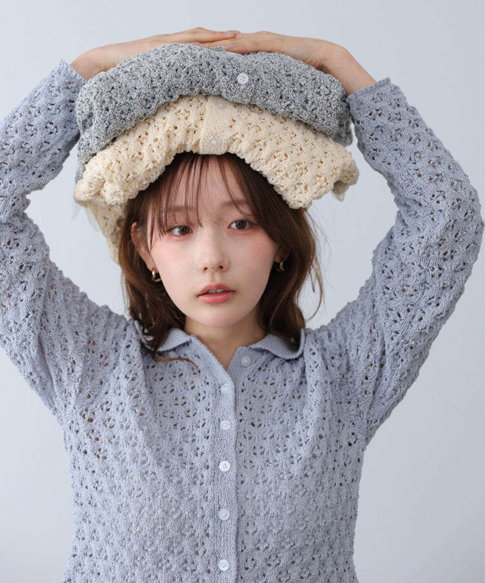 透かし編み裾チュールカーディガン