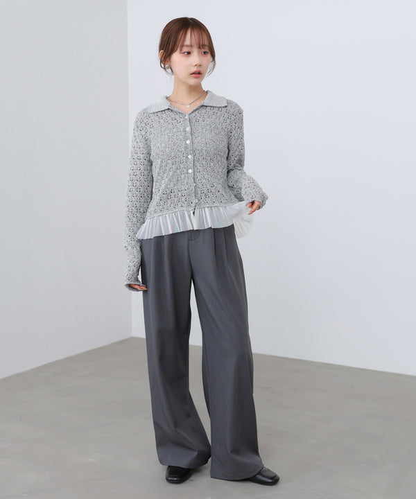 透かし編み裾チュールカーディガン