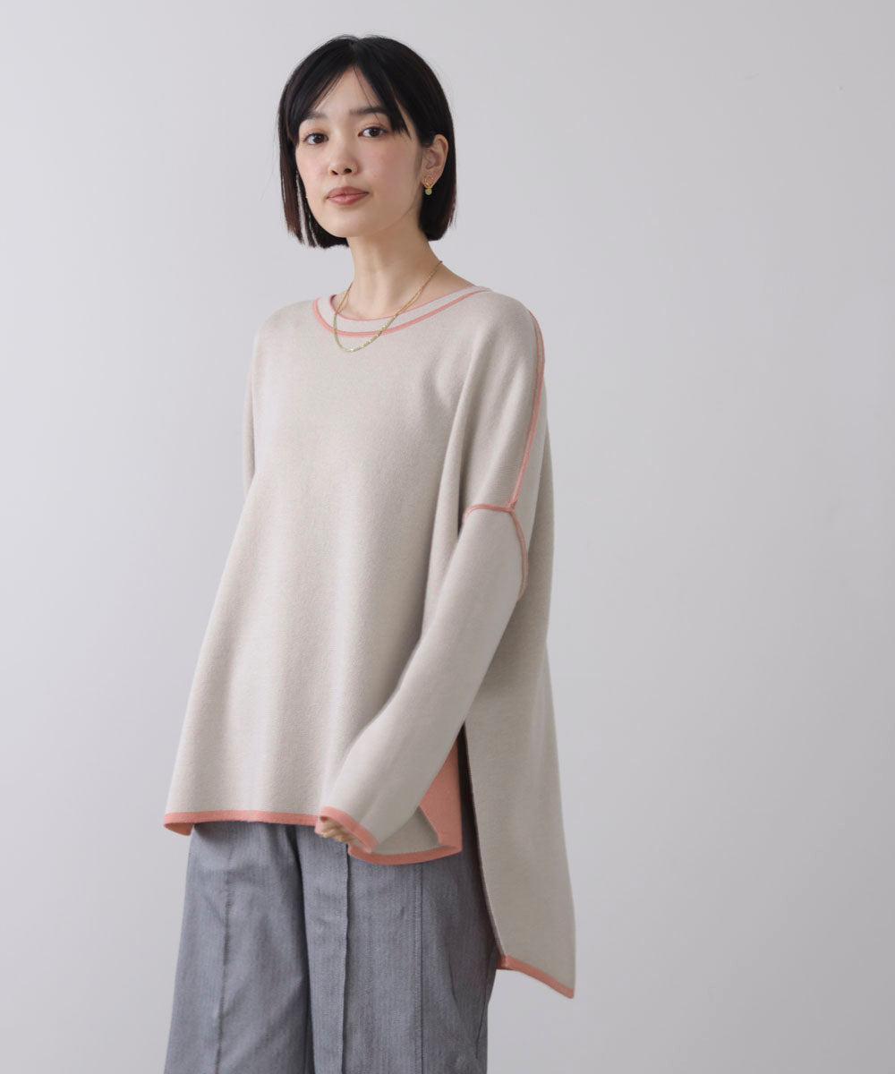 リバーシブルダブル丸首ポンチョ風ニット