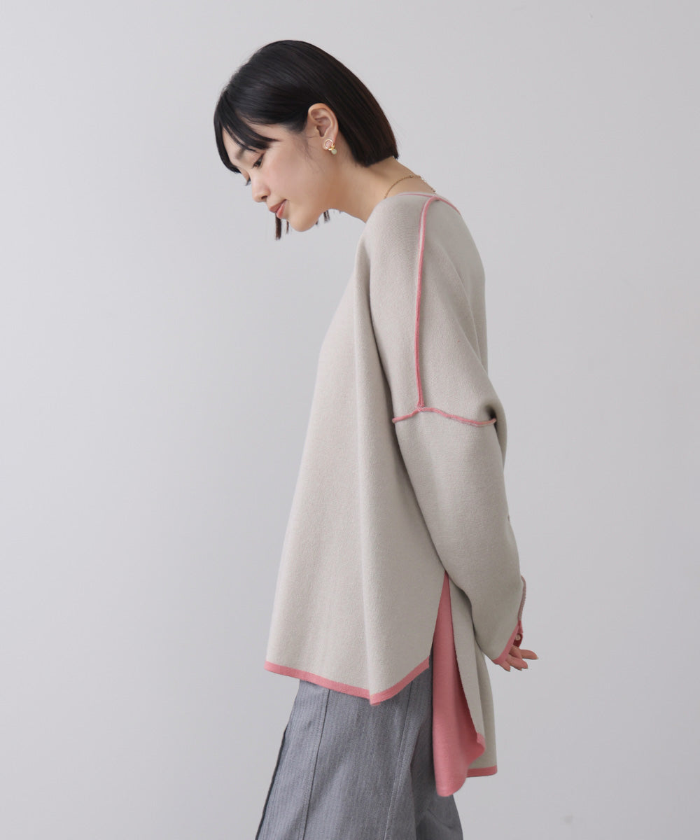 リバーシブルダブル丸首ポンチョ風ニット