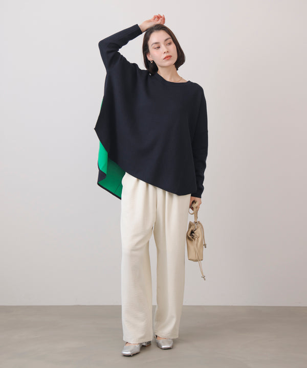 リバーシブルダブル丸首ポンチョ風ニット