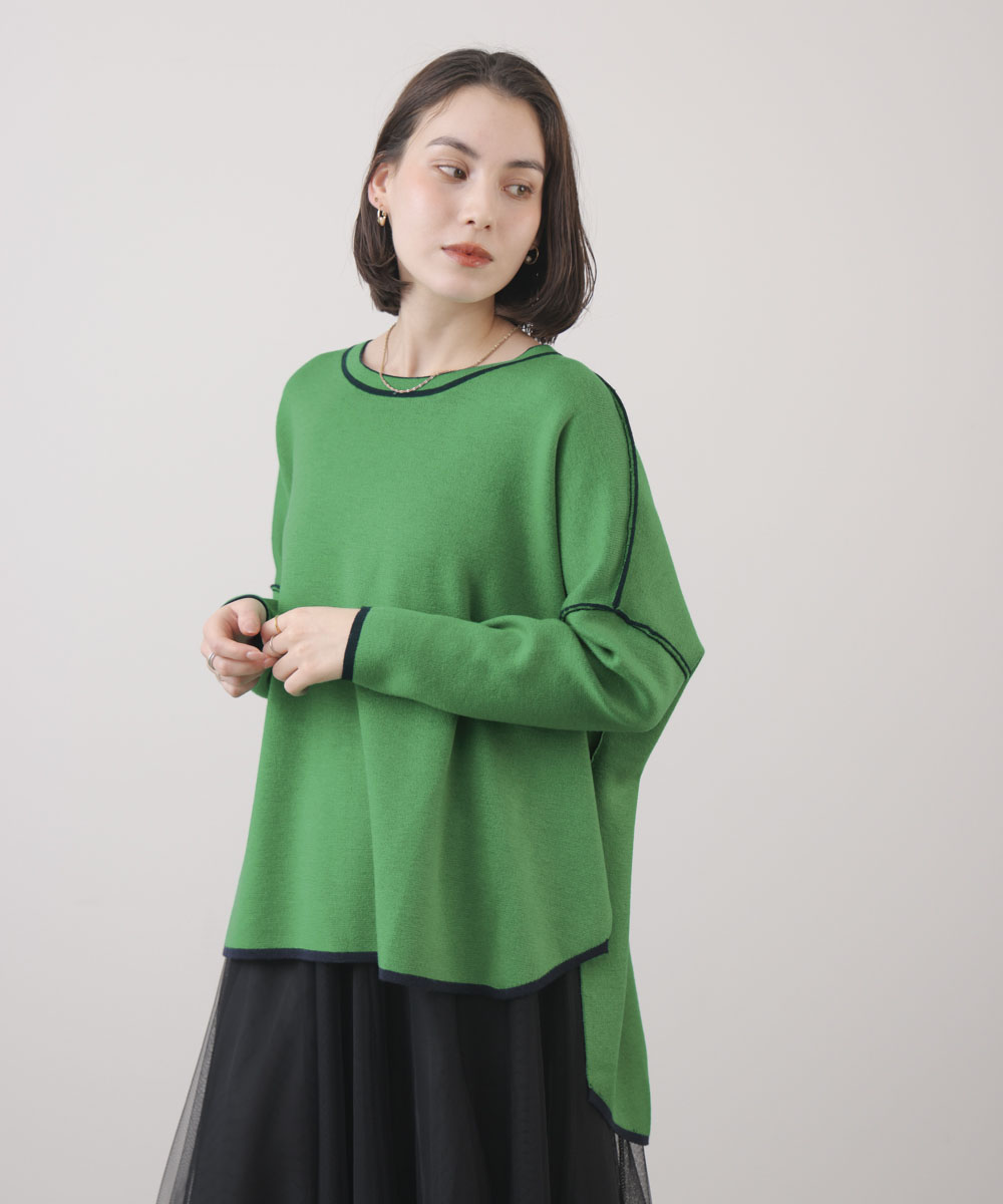 リバーシブルダブル丸首ポンチョ風ニット