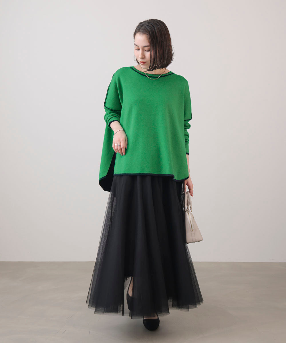 リバーシブルダブル丸首ポンチョ風ニット