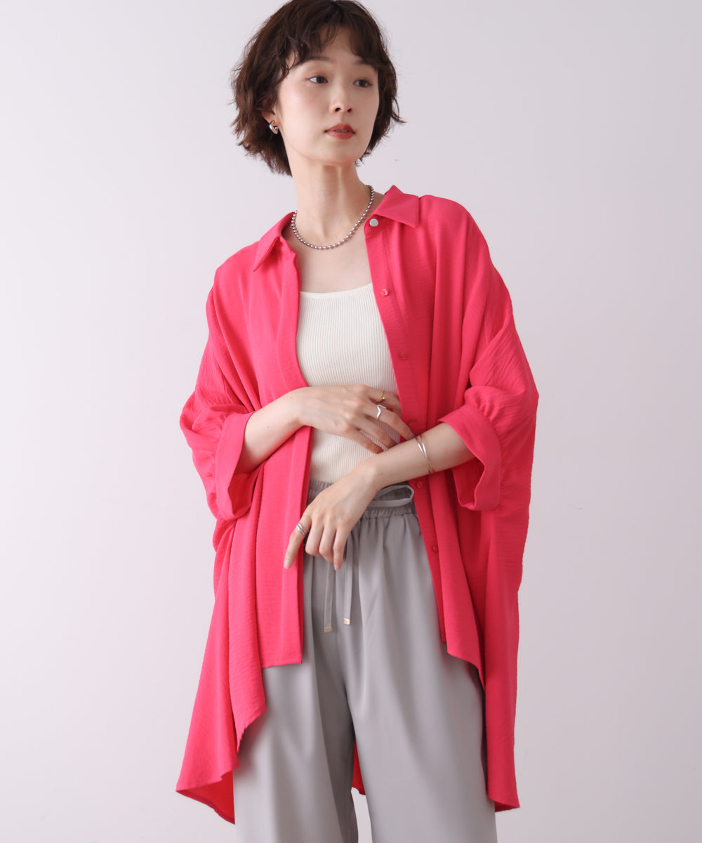 麻ライクギャザースリーブチュニック［6/11発送予定］