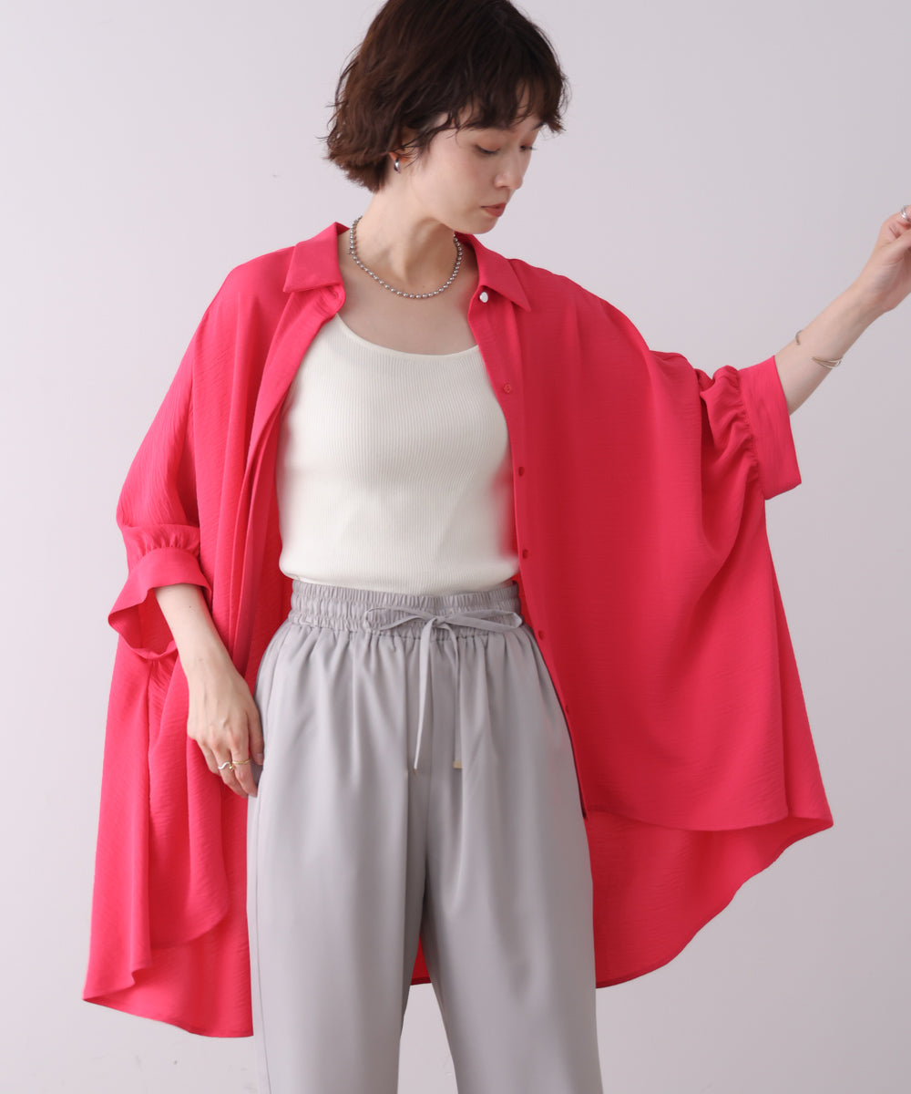 麻ライクギャザースリーブチュニック［6/11発送予定］